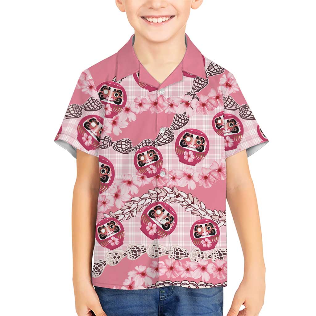 Japanese Daruma Doll Palaka Family Matching Mermaid Dress and Hawaiian Shirt Cherry Blossoms With Shell Lei - Polynesian Pride