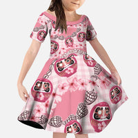 Japanese Daruma Doll Palaka Family Matching Off Shoulder Maxi Dress and Hawaiian Shirt Cherry Blossoms With Shell Lei LT14 Daughter's Dress Pink - Polynesian Pride