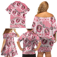 Japanese Daruma Doll Palaka Family Matching Off Shoulder Short Dress and Hawaiian Shirt Cherry Blossoms With Shell Lei LT14 - Polynesian Pride