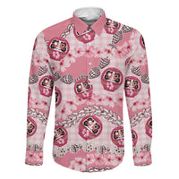 Japanese Daruma Doll Palaka Family Matching Off Shoulder Short Dress and Hawaiian Shirt Cherry Blossoms With Shell Lei LT14 Dad's Shirt - Long Sleeve Pink - Polynesian Pride
