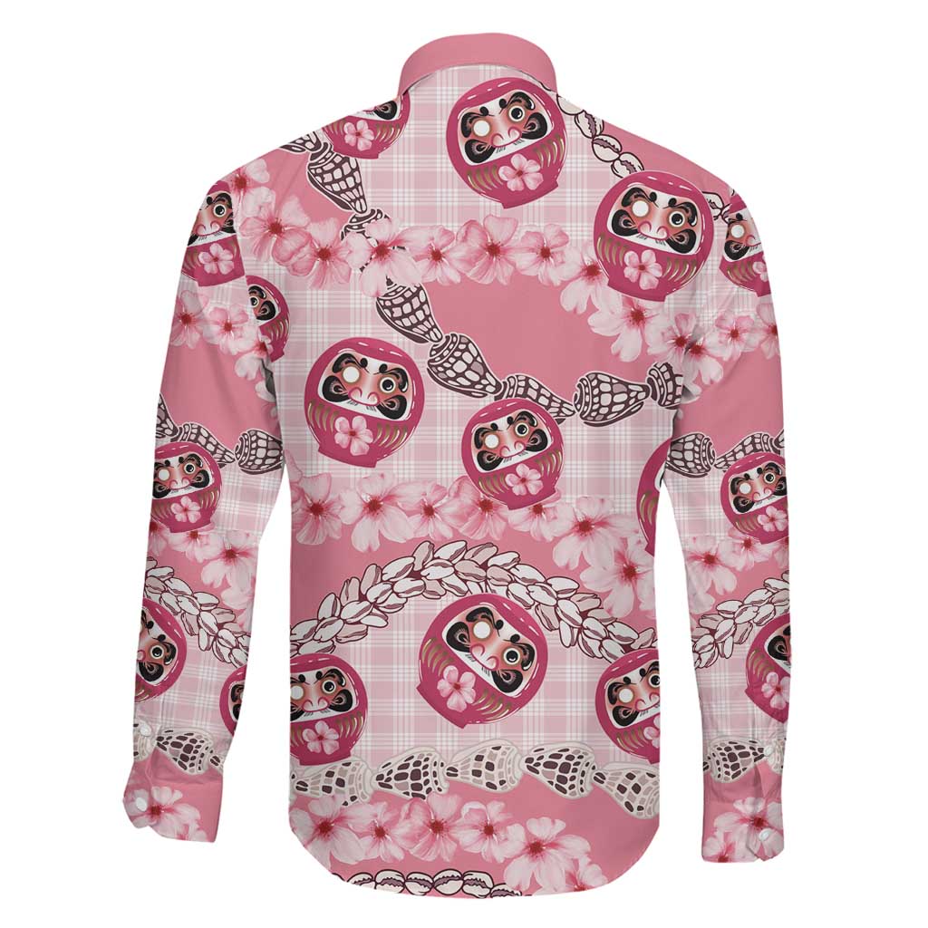 Japanese Daruma Doll Palaka Family Matching Off Shoulder Short Dress and Hawaiian Shirt Cherry Blossoms With Shell Lei LT14 - Polynesian Pride