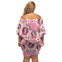Japanese Daruma Doll Palaka Family Matching Off Shoulder Short Dress and Hawaiian Shirt Cherry Blossoms With Shell Lei LT14 - Polynesian Pride