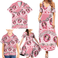 Japanese Daruma Doll Palaka Family Matching Summer Maxi Dress and Hawaiian Shirt Cherry Blossoms With Shell Lei LT14 - Polynesian Pride