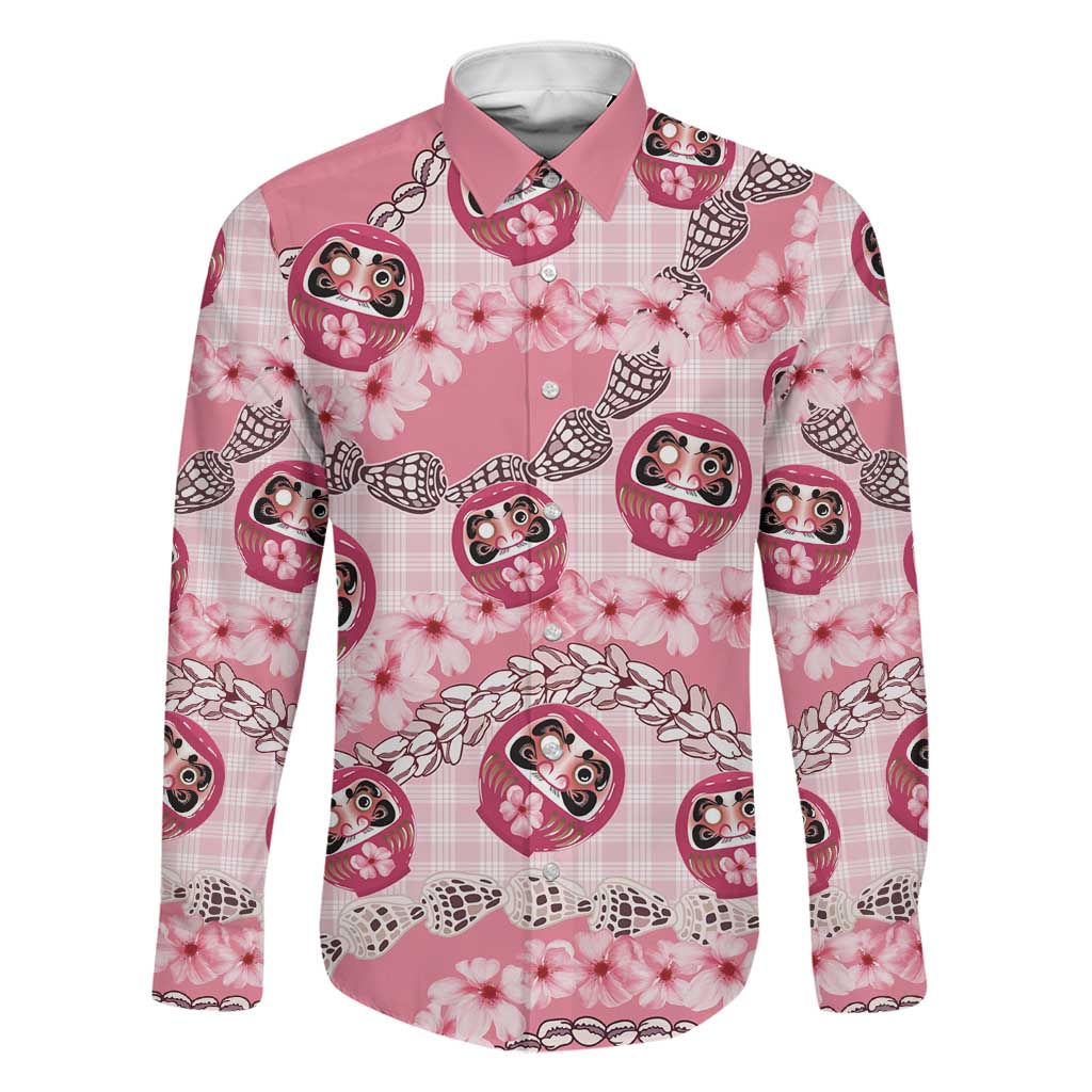 Japanese Daruma Doll Palaka Family Matching Summer Maxi Dress and Hawaiian Shirt Cherry Blossoms With Shell Lei LT14 Dad's Shirt - Long Sleeve Pink - Polynesian Pride