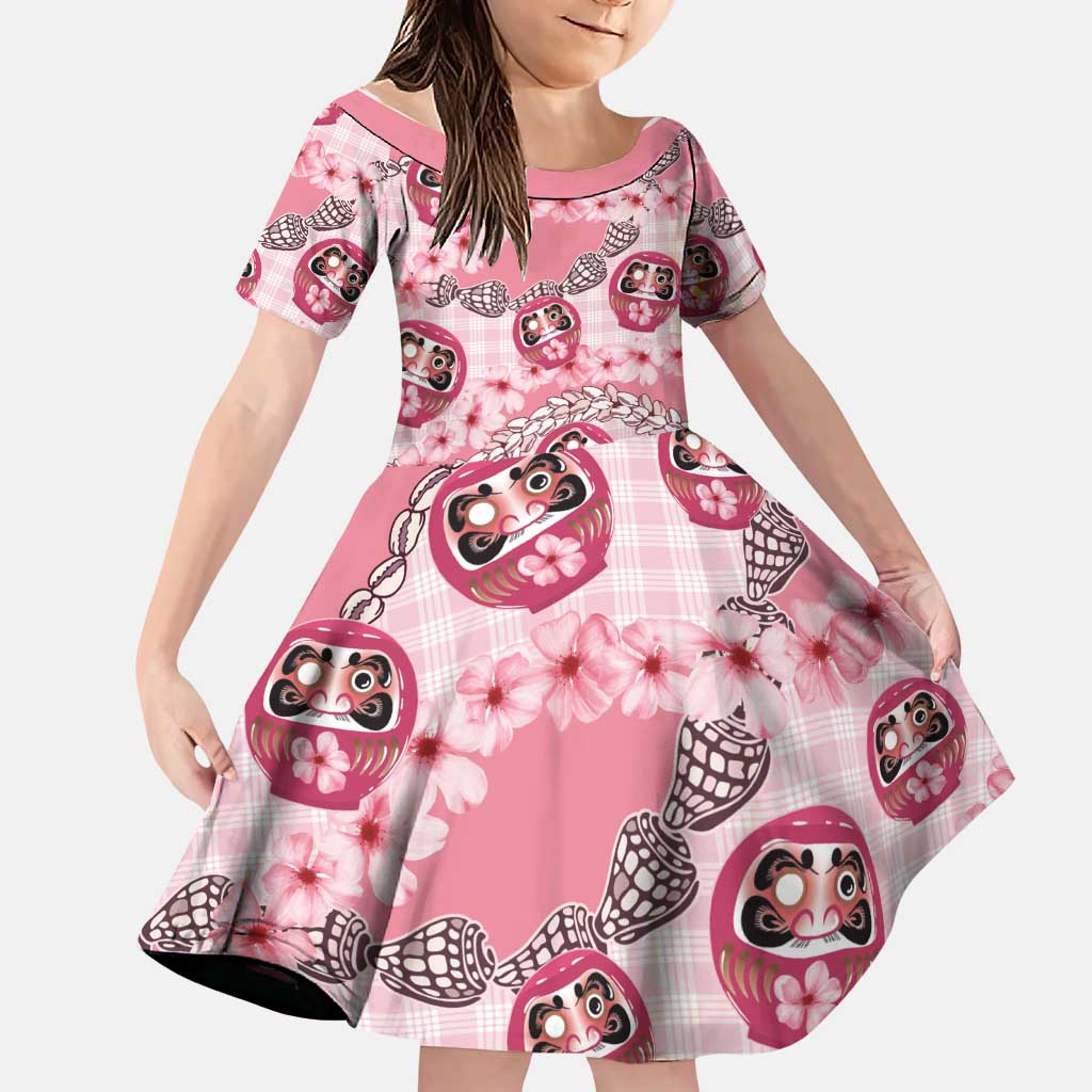 Japanese Daruma Doll Palaka Family Matching Tank Maxi Dress and Hawaiian Shirt Cherry Blossoms With Shell Lei LT14 Daughter's Dress Pink - Polynesian Pride