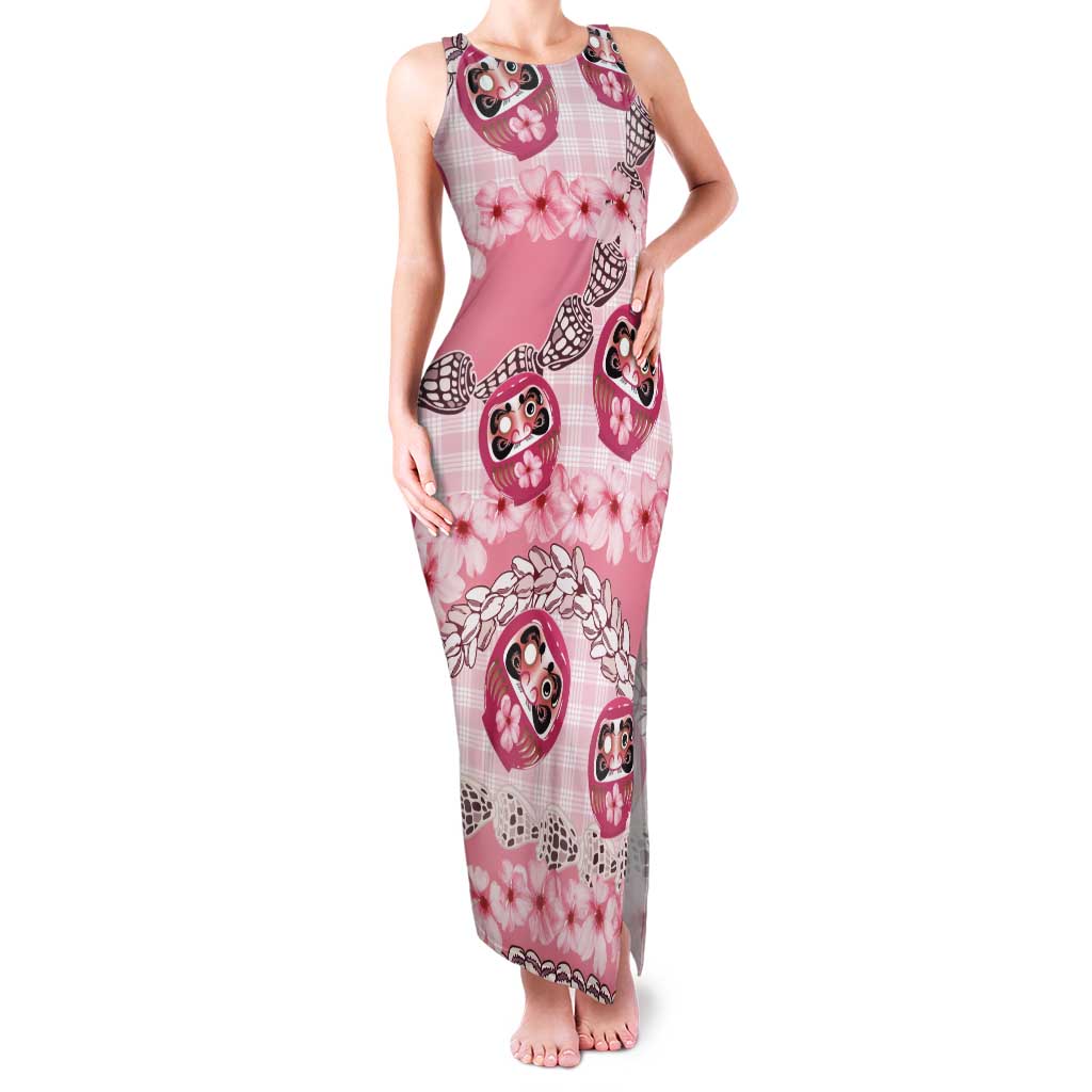 Japanese Daruma Doll Palaka Family Matching Tank Maxi Dress and Hawaiian Shirt Cherry Blossoms With Shell Lei LT14 Mom's Dress Pink - Polynesian Pride