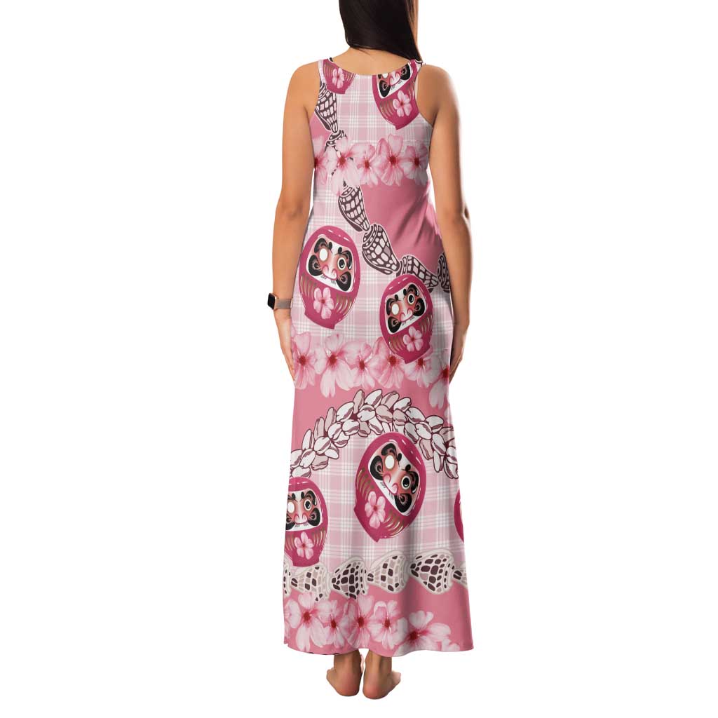 Japanese Daruma Doll Palaka Family Matching Tank Maxi Dress and Hawaiian Shirt Cherry Blossoms With Shell Lei LT14 - Polynesian Pride