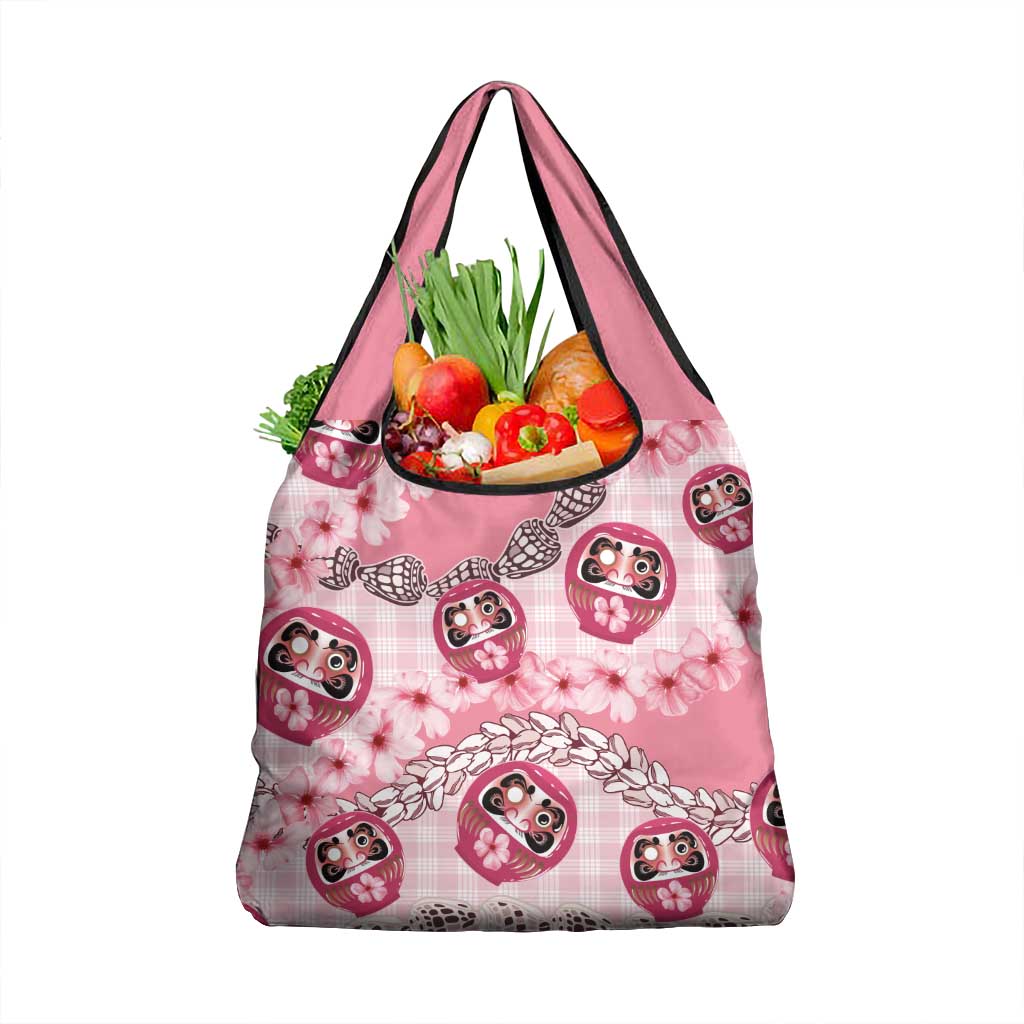 Japanese Daruma Doll Palaka Grocery Bag Cherry Blossoms With Shell Lei - Polynesian Pride