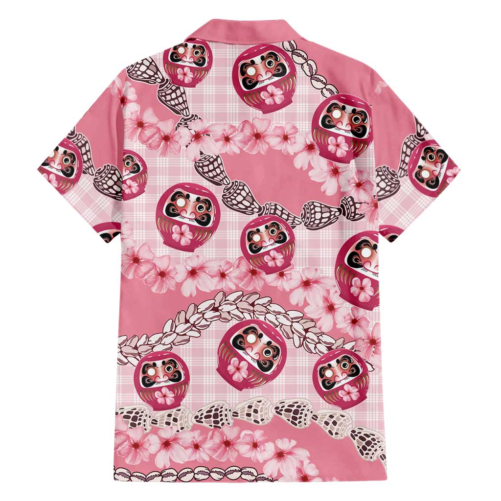 Japanese Daruma Doll Palaka Hawaiian Shirt Cherry Blossoms With Shell Lei - Polynesian Pride