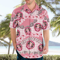Japanese Daruma Doll Palaka Hawaiian Shirt Cherry Blossoms With Shell Lei - Polynesian Pride