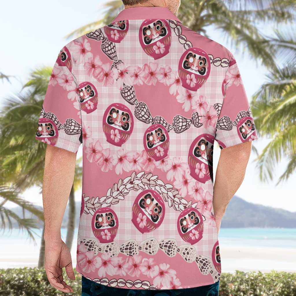 Japanese Daruma Doll Palaka Hawaiian Shirt Cherry Blossoms With Shell Lei - Polynesian Pride