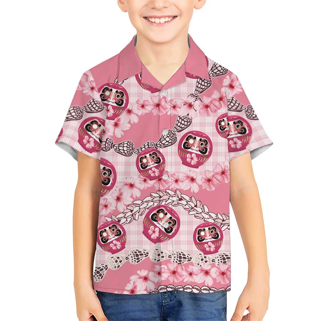 Japanese Daruma Doll Palaka Hawaiian Shirt Cherry Blossoms With Shell Lei - Polynesian Pride