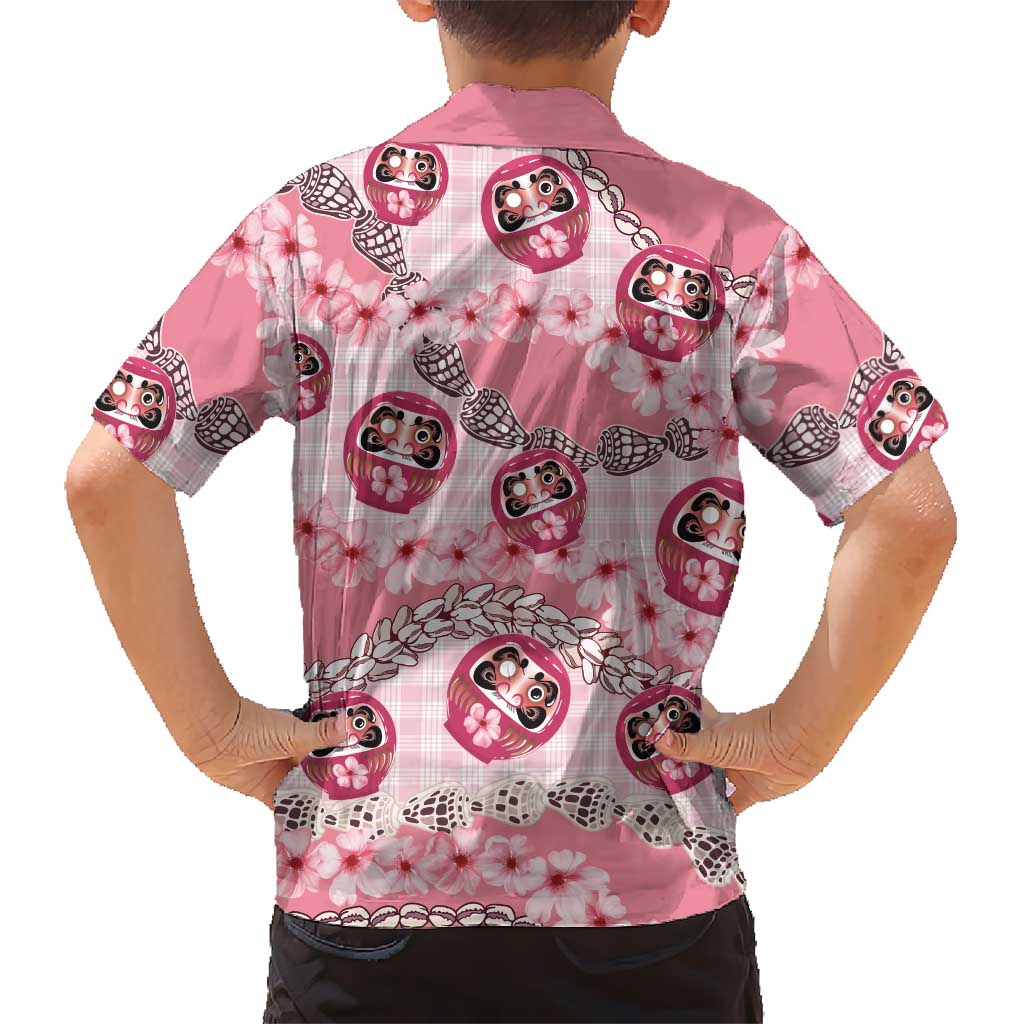 Japanese Daruma Doll Palaka Hawaiian Shirt Cherry Blossoms With Shell Lei - Polynesian Pride