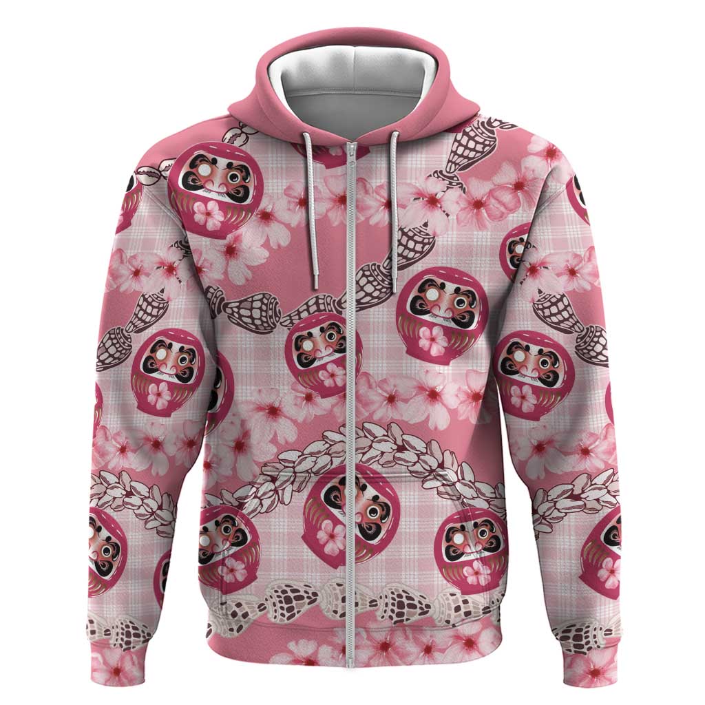 Japanese Daruma Doll Palaka Hoodie Cherry Blossoms With Shell Lei LT14 Zip Hoodie Pink - Polynesian Pride