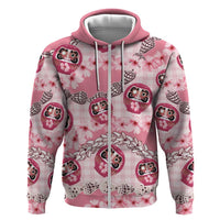 Japanese Daruma Doll Palaka Hoodie Cherry Blossoms With Shell Lei LT14 Zip Hoodie Pink - Polynesian Pride