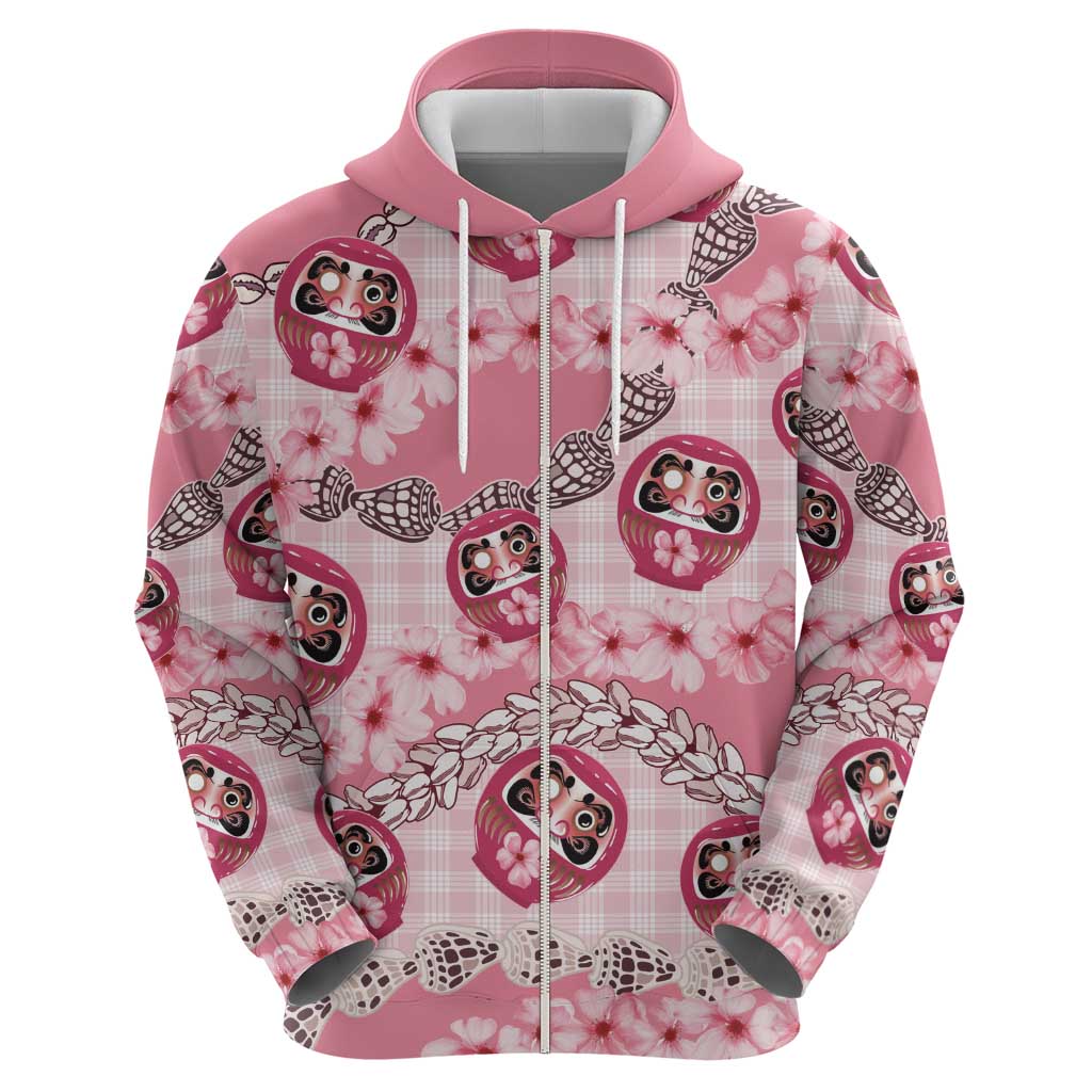 Japanese Daruma Doll Palaka Hoodie Cherry Blossoms With Shell Lei LT14 - Polynesian Pride