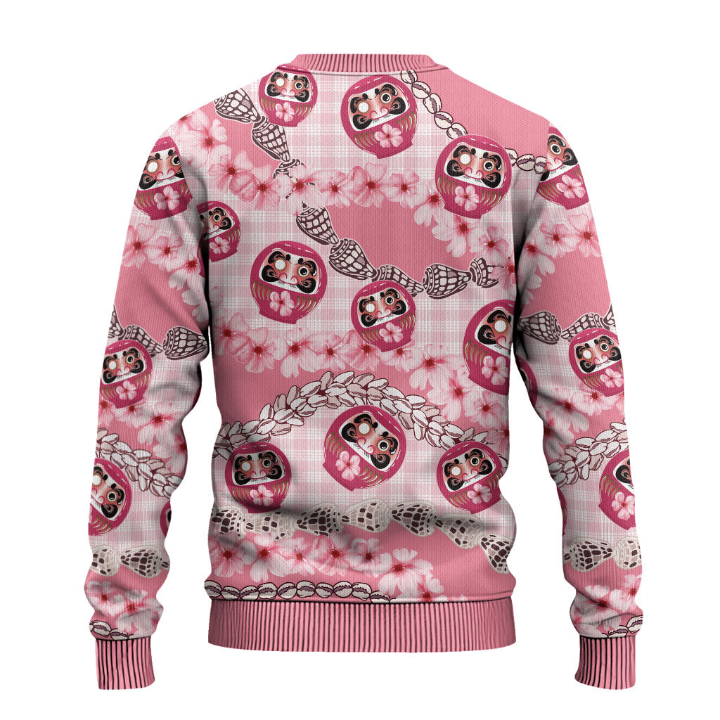Japanese Daruma Doll Palaka Ugly Christmas Sweater Cherry Blossoms With Shell Lei LT14 - Polynesian Pride