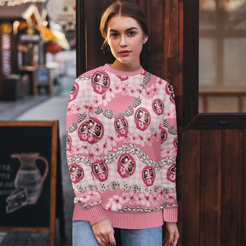 Japanese Daruma Doll Palaka Ugly Christmas Sweater Cherry Blossoms With Shell Lei LT14 - Polynesian Pride