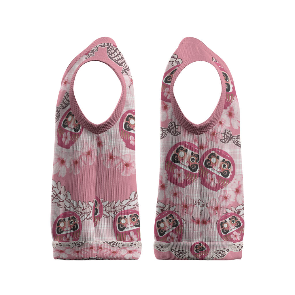 Japanese Daruma Doll Palaka Christmas Knitted V-Neck Vest Cherry Blossoms With Shell Lei LT14 - Polynesian Pride