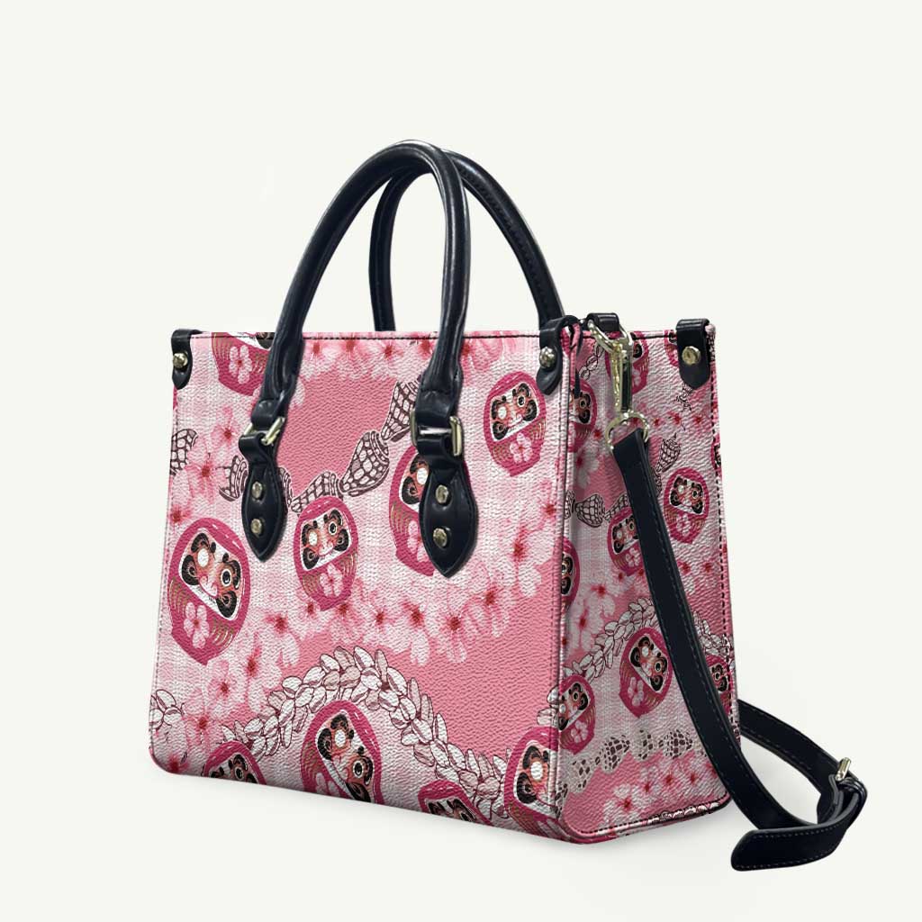 Japanese Daruma Doll Palaka Leather Bag Cherry Blossoms With Shell Lei - Polynesian Pride
