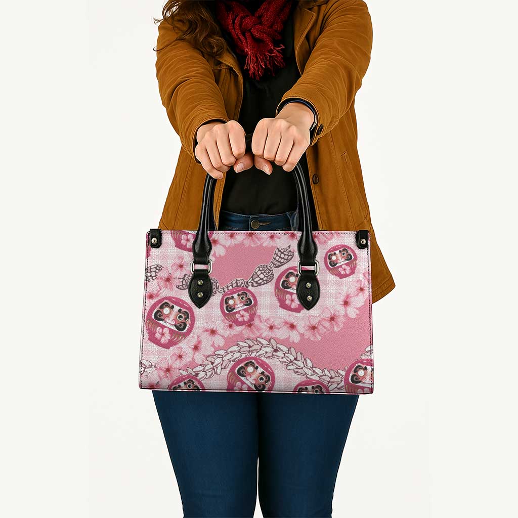 Japanese Daruma Doll Palaka Leather Bag Cherry Blossoms With Shell Lei - Polynesian Pride
