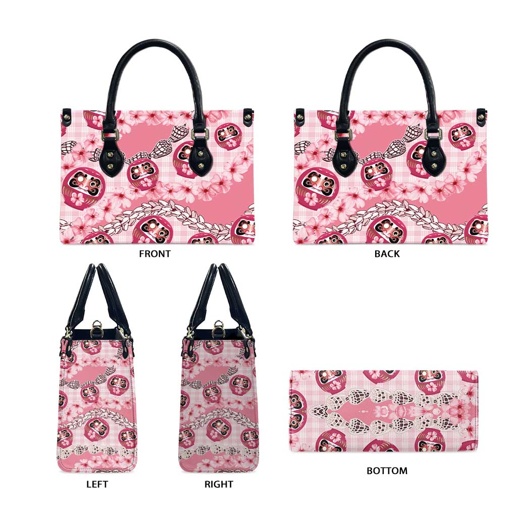Japanese Daruma Doll Palaka Leather Bag Cherry Blossoms With Shell Lei - Polynesian Pride