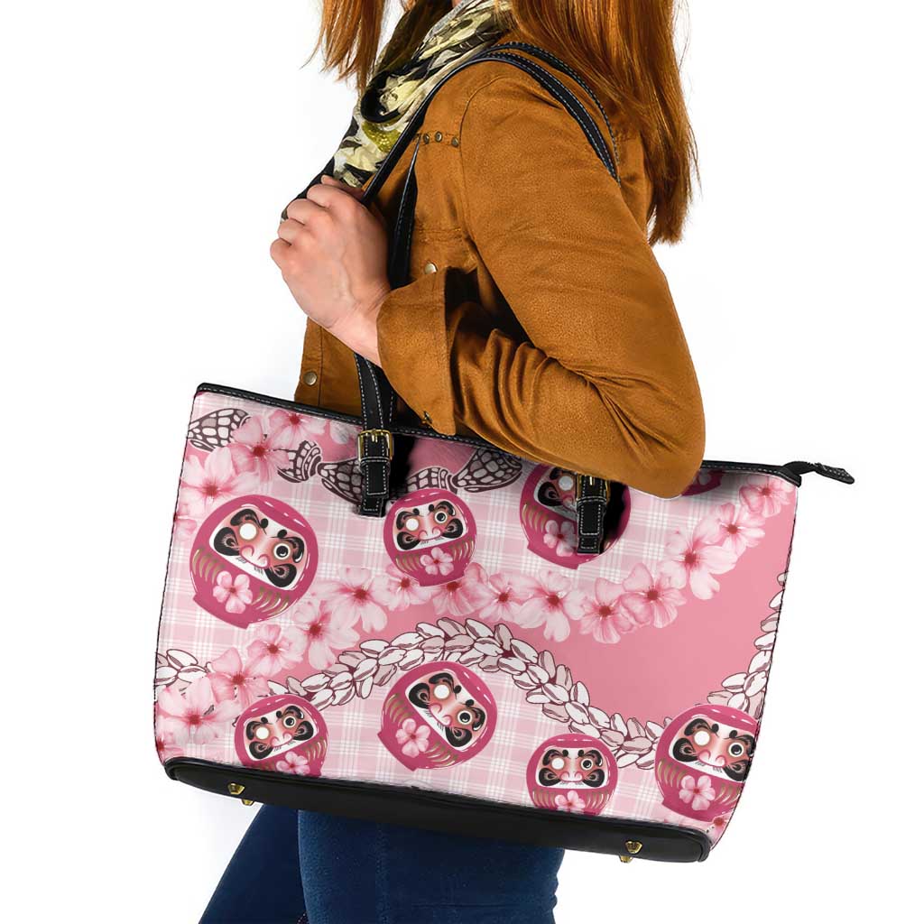 Japanese Daruma Doll Palaka Leather Tote Bag Cherry Blossoms With Shell Lei - Polynesian Pride