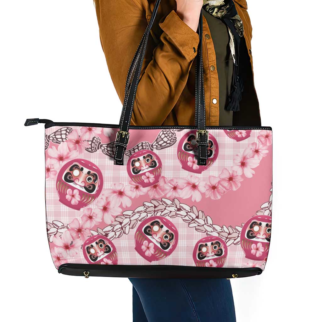 Japanese Daruma Doll Palaka Leather Tote Bag Cherry Blossoms With Shell Lei - Polynesian Pride