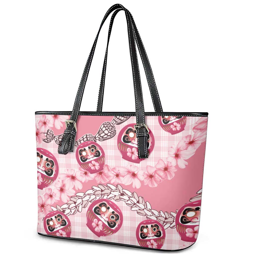 Japanese Daruma Doll Palaka Leather Tote Bag Cherry Blossoms With Shell Lei - Polynesian Pride