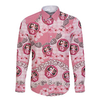 Japanese Daruma Doll Palaka Long Sleeve Button Shirt Cherry Blossoms With Shell Lei LT14 Unisex Pink - Polynesian Pride