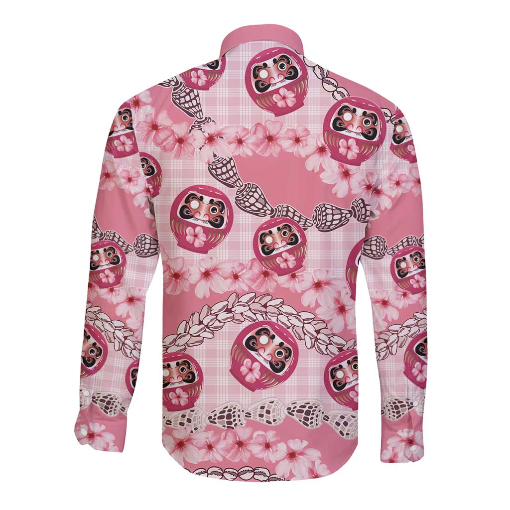 Japanese Daruma Doll Palaka Long Sleeve Button Shirt Cherry Blossoms With Shell Lei LT14 - Polynesian Pride