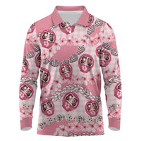 Japanese Daruma Doll Palaka Long Sleeve Polo Shirt Cherry Blossoms With Shell Lei - Polynesian Pride