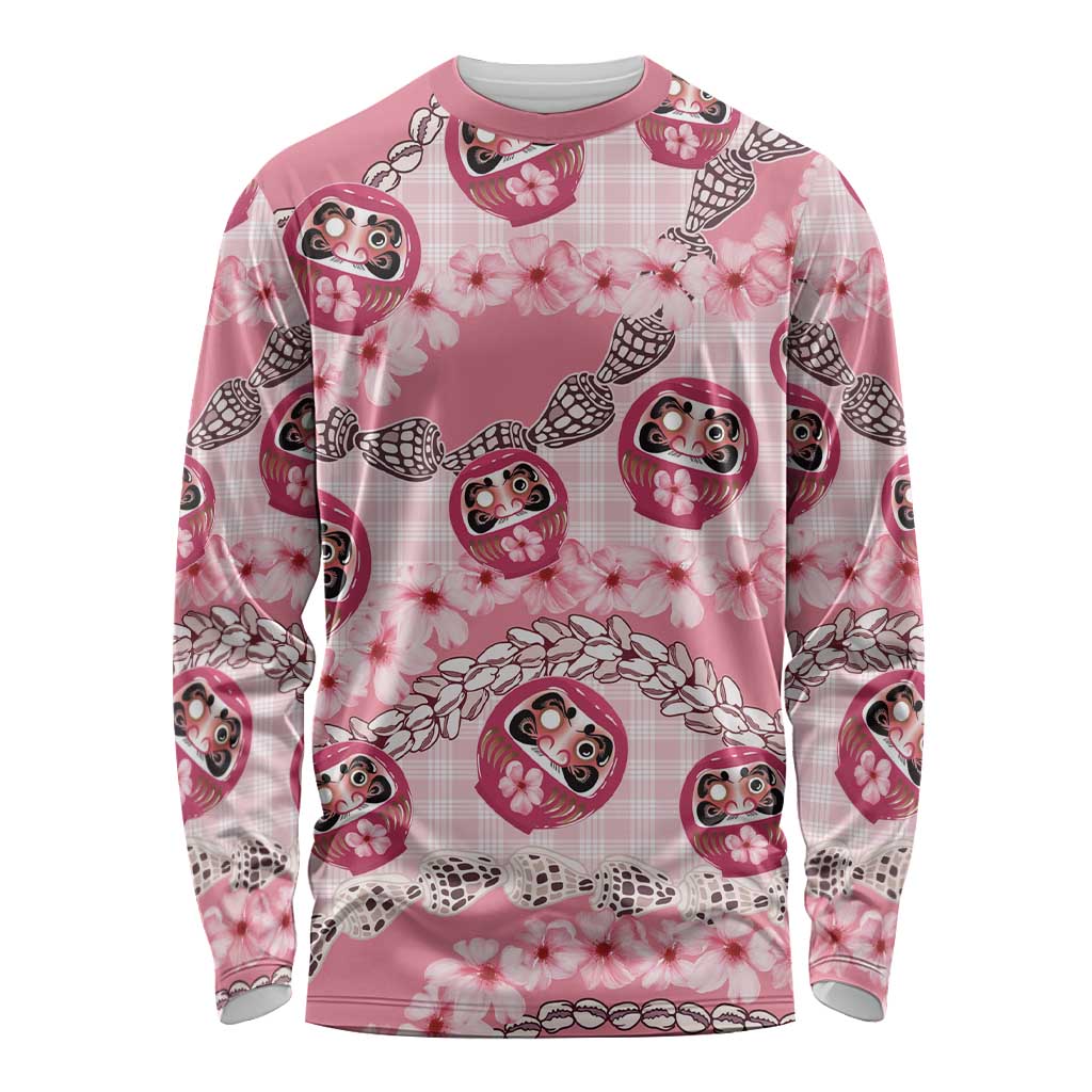 Japanese Daruma Doll Palaka Long Sleeve Shirt Cherry Blossoms With Shell Lei - Polynesian Pride