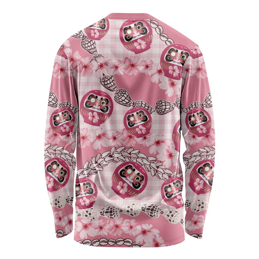 Japanese Daruma Doll Palaka Long Sleeve Shirt Cherry Blossoms With Shell Lei - Polynesian Pride