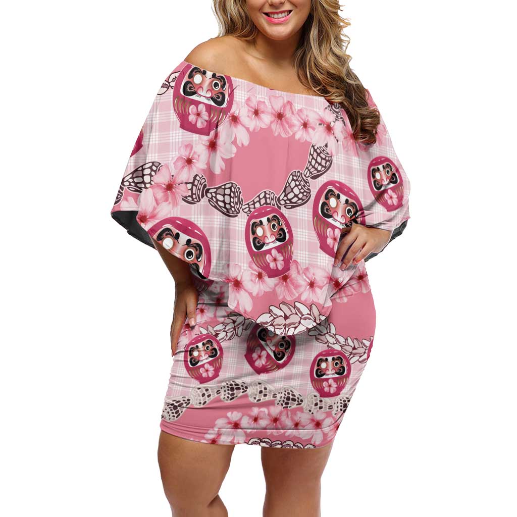 Japanese Daruma Doll Palaka Off Shoulder Short Dress Cherry Blossoms With Shell Lei LT14 Women Pink - Polynesian Pride