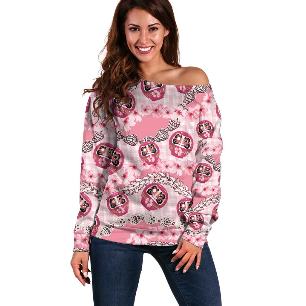Japanese Daruma Doll Palaka Off Shoulder Sweater Cherry Blossoms With Shell Lei - Polynesian Pride