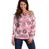 Japanese Daruma Doll Palaka Off Shoulder Sweater Cherry Blossoms With Shell Lei - Polynesian Pride