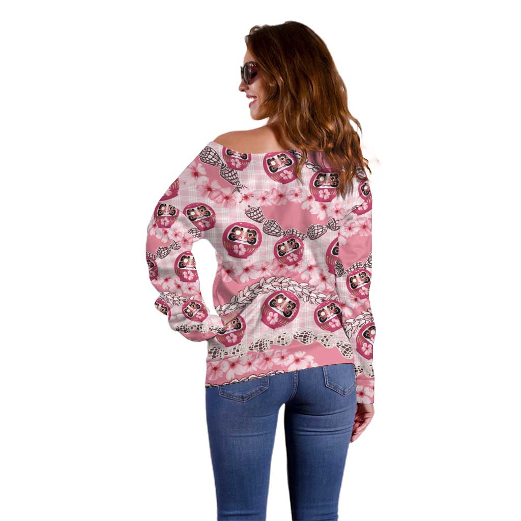 Japanese Daruma Doll Palaka Off Shoulder Sweater Cherry Blossoms With Shell Lei - Polynesian Pride