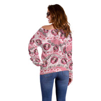 Japanese Daruma Doll Palaka Off Shoulder Sweater Cherry Blossoms With Shell Lei - Polynesian Pride