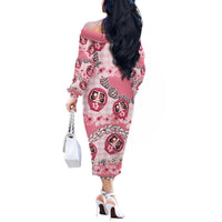 Japanese Daruma Doll Palaka Off The Shoulder Long Sleeve Dress Cherry Blossoms With Shell Lei LT14 - Polynesian Pride