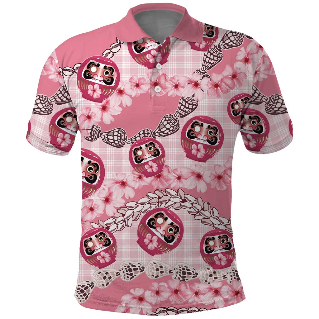 Japanese Daruma Doll Palaka Polo Shirt Cherry Blossoms With Shell Lei - Polynesian Pride