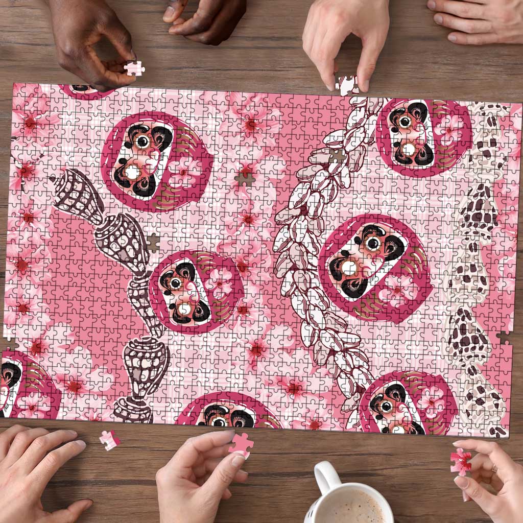 Japanese Daruma Doll Palaka Puzzle Cherry Blossoms With Shell Lei LT14 - Polynesian Pride