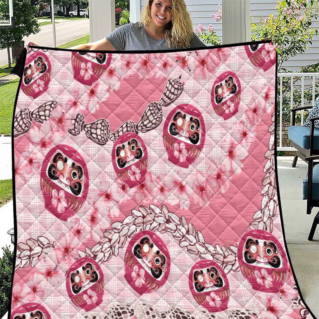 Japanese Daruma Doll Palaka Quilt Cherry Blossoms With Shell Lei LT14 Pink - Polynesian Pride