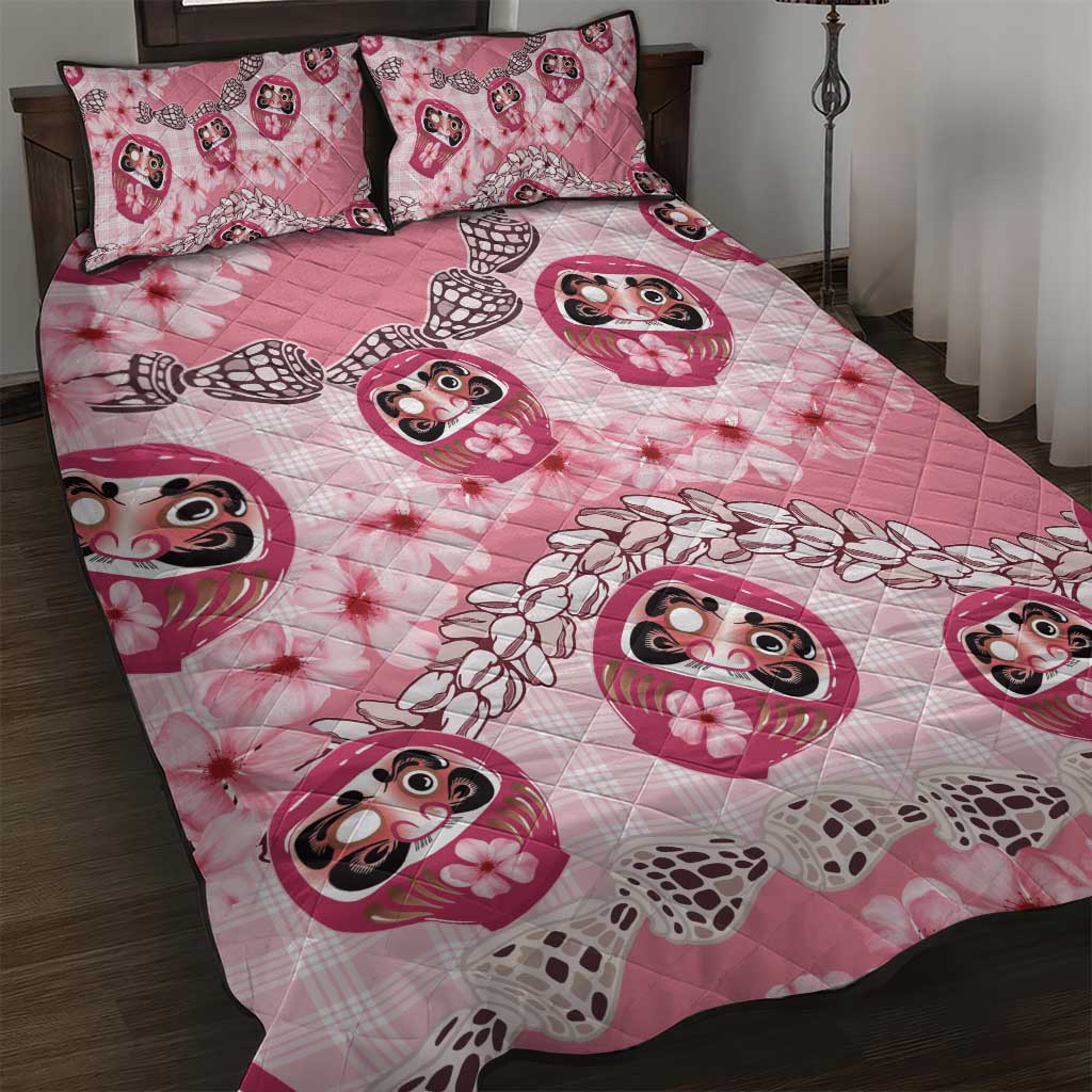Japanese Daruma Doll Palaka Quilt Bed Set Cherry Blossoms With Shell Lei - Polynesian Pride