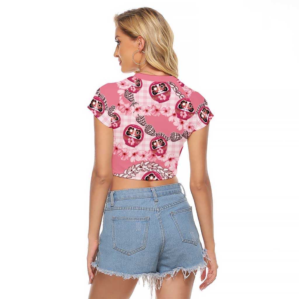 Japanese Daruma Doll Palaka Raglan Cropped T Shirt Cherry Blossoms With Shell Lei - Polynesian Pride