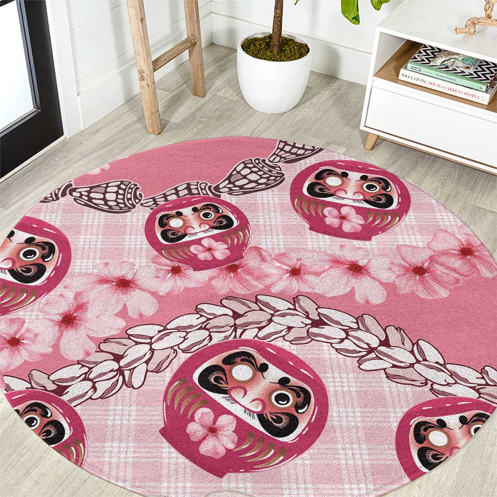 Japanese Daruma Doll Palaka Round Carpet Cherry Blossoms With Shell Lei - Polynesian Pride