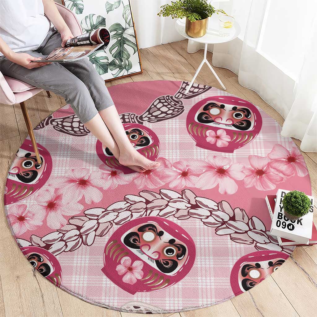 Japanese Daruma Doll Palaka Round Carpet Cherry Blossoms With Shell Lei - Polynesian Pride