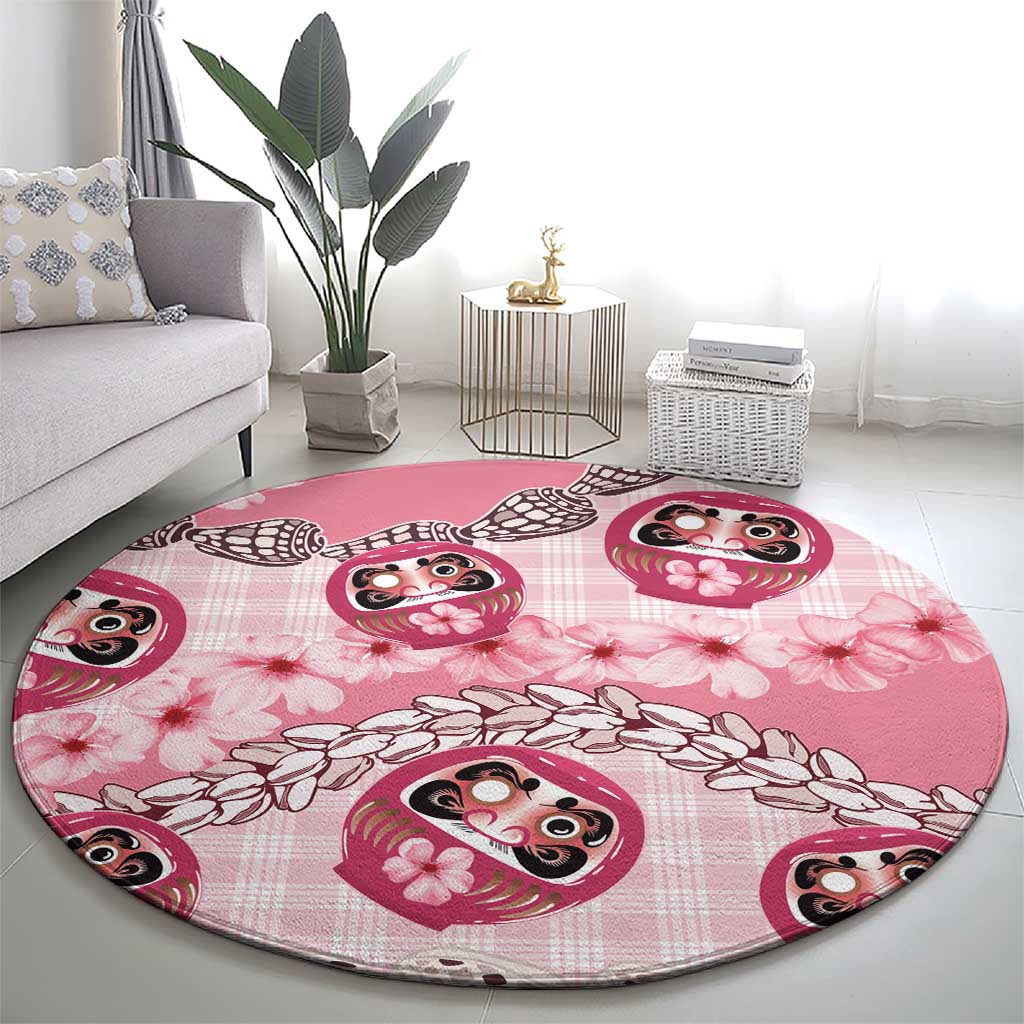 Japanese Daruma Doll Palaka Round Carpet Cherry Blossoms With Shell Lei - Polynesian Pride