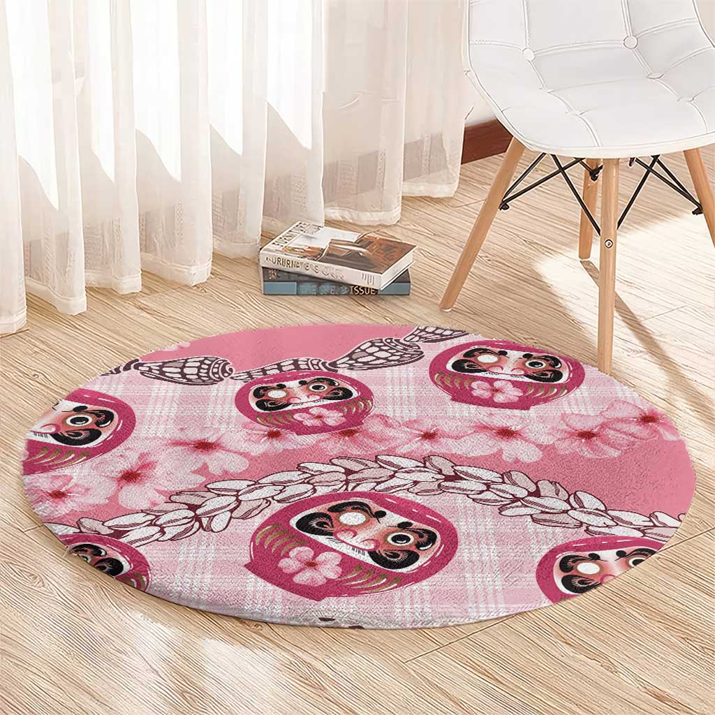Japanese Daruma Doll Palaka Round Carpet Cherry Blossoms With Shell Lei - Polynesian Pride
