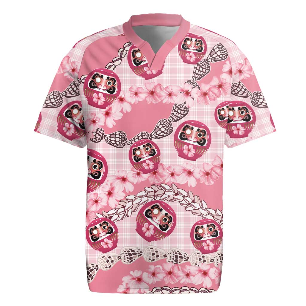 Japanese Daruma Doll Palaka Rugby Jersey Cherry Blossoms With Shell Lei - Polynesian Pride